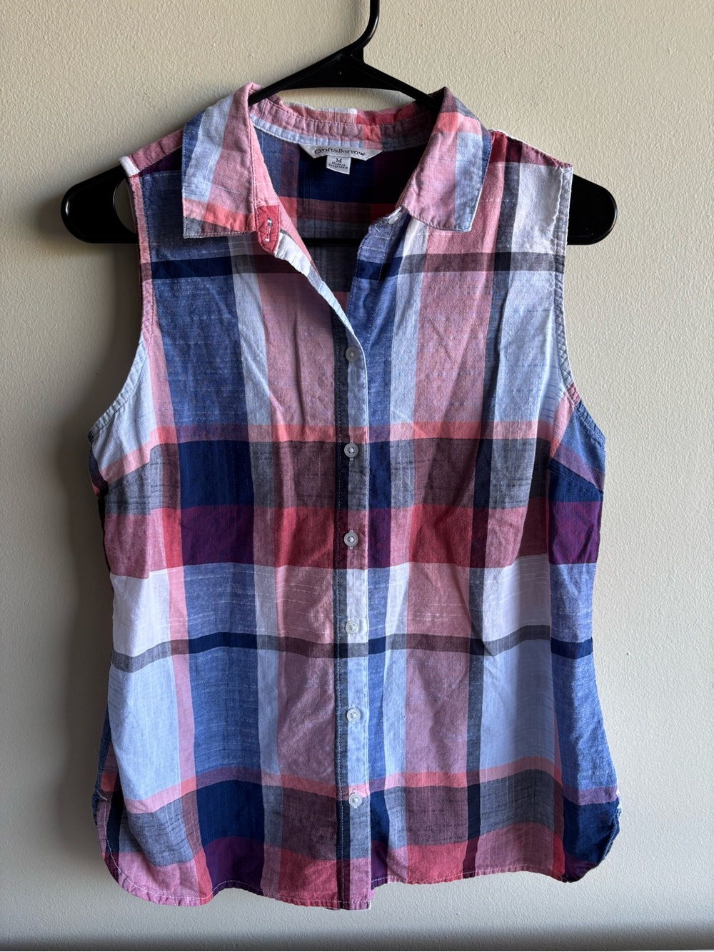Sleeveless Plaid Button-Up Shirt - Pink, Blue, White